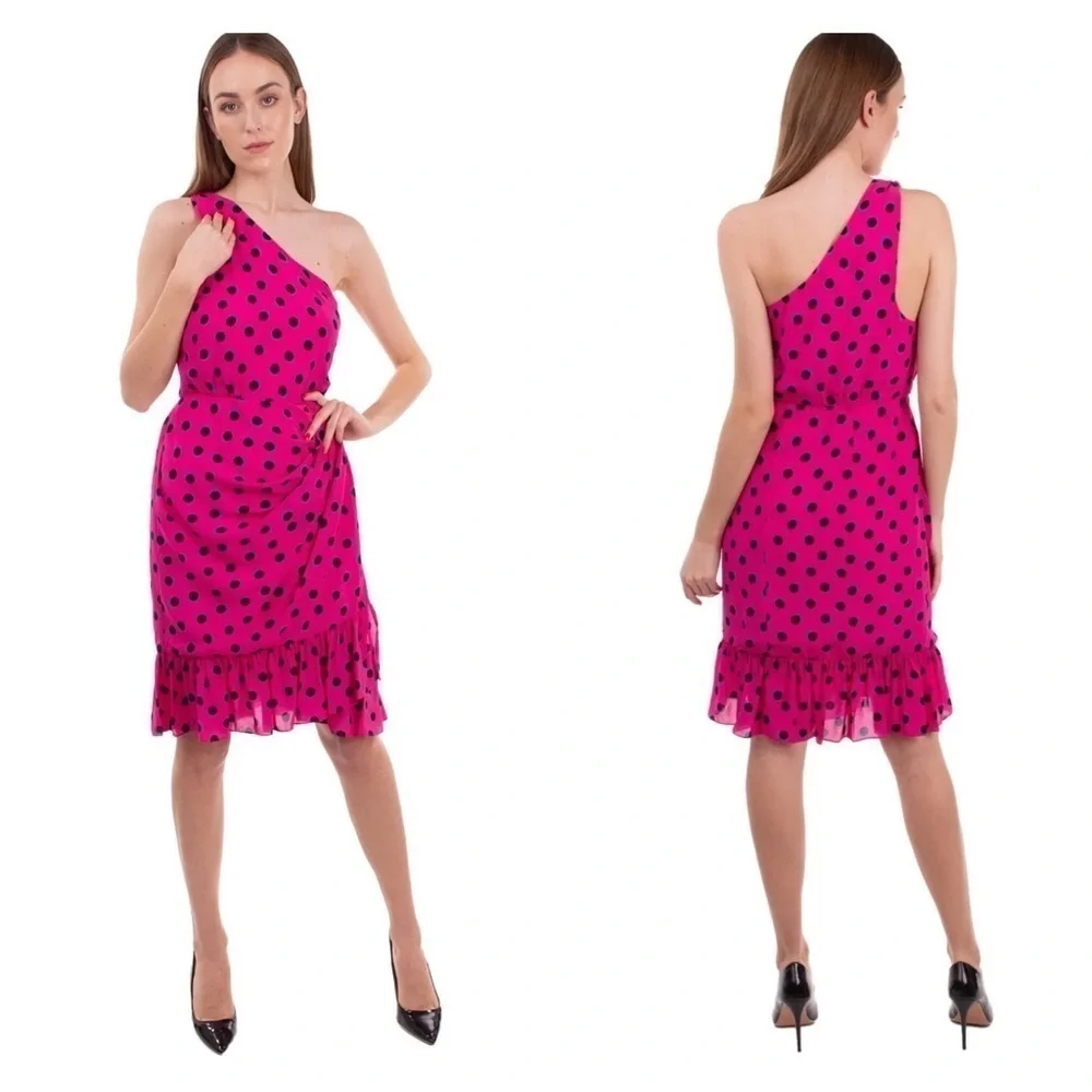 Derek Lam 10 Crosby Pink Polka Dot One Shoulder Ruffle Mini Dress 18